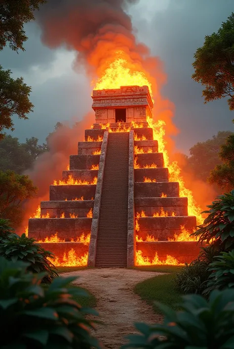 un temple maya qui brule en 3D dans la forêt