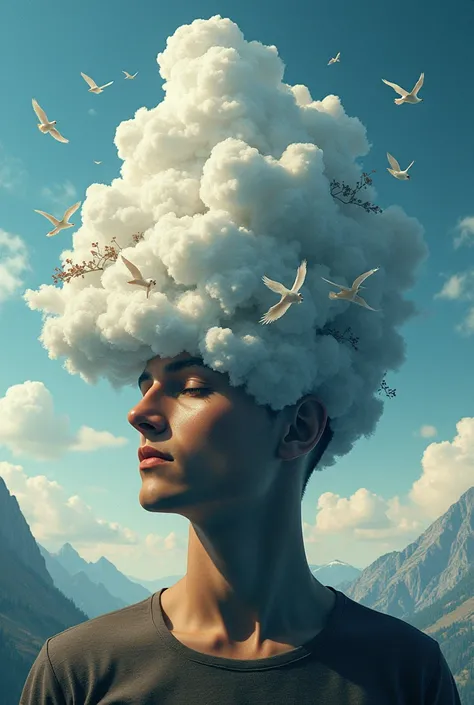  Book cover: A man&#39;s head, half of it is a meditation, half of it is clouds, half of it is thoughts from the conscience of memory, with the picturesque nature, sky, birds, and mountains. 