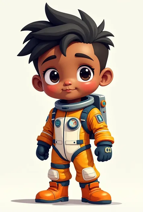  dark-skinned astronaut boy with black hair without background standing like a super cute kawaii drawing