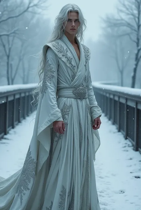 Boy, 20 years, thin, white long hair, dripping down the shoulders, bright blue eyes, long white robe with silver patterns, stands on the bridge in winter, full-length