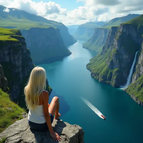 This realistic foto a breathtaking natural landscape of a fjord surrounded by steep, green mountains. A woman with platinum blonde hair, seated at the edge of a cliff, looks out over the stunning view. She is dressed in a white tank top and shorts, with lo...