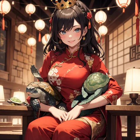 Girl holding a turtle,Turtle on his lap，Colorful Hair,Chinese dress，crown,Lots of decorations，Looking into the camera，smile,lady