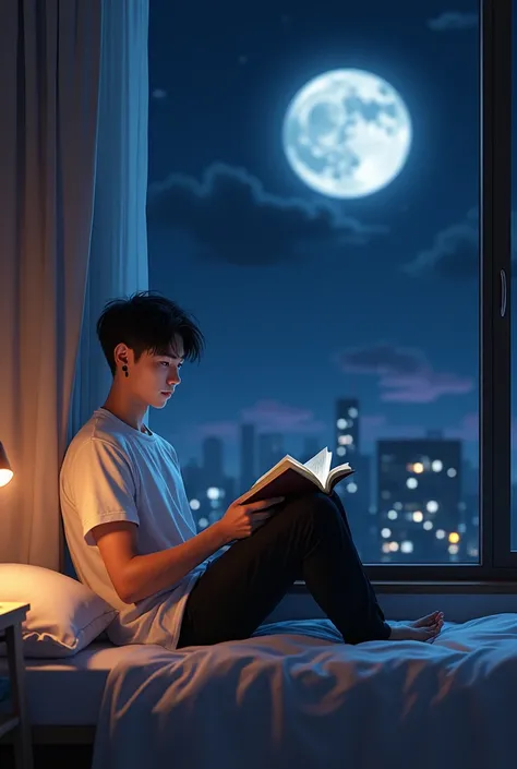 A 20 year old boy reading books and white t shirt and also wearing black earing 
 front of window at night  and he has muscles also his color is fair and windows are big and moon is also big also we can see his room in his room a bed aside the window and h...