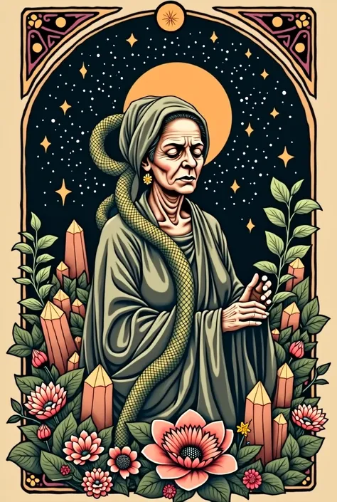 a traditional style tattoo, with the tarot theme with the high priestess card represented by an old woman,that includes crystals, stone, flores, herbs, stars and a snake