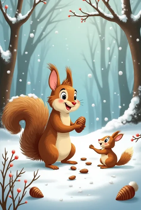 Create animated picture for kids story book 
squirrel in winter season depended upon his friends for nuts as he dont have nuts 