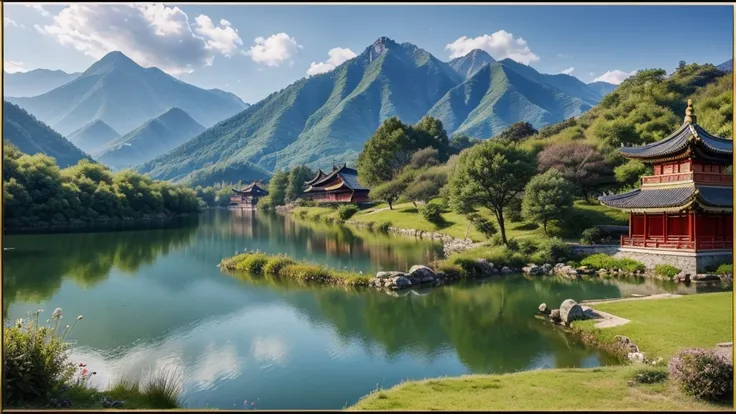 ((Ultra realistic, best image, photo realistic, 8k, work of art)) a beautiful Chinese period landscape between castles in front of a lake full of colorful carps on a beautiful sunny day