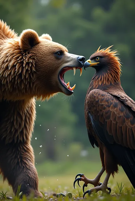 Bear aggressive attacks african fish eagle with close up