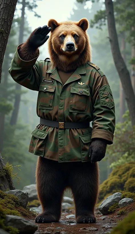 ((8k、distinct、masterpiece、Best Quality、Photorealistic、))、 Front view、There is a shadow、The background is the wilderness、Photorealistic、Portrait Shot、Professional Lighting、A bear is saluting in camouflage uniform