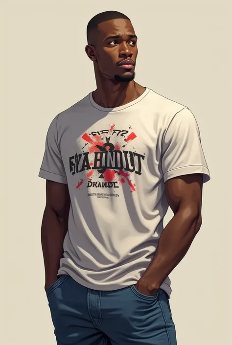 A guy posing like he is thinking about something, he is a black guy, with black hair and buzzcut hairstyle, he wears a designed t-shirt and a jeans pants, anime style, realistic wide shot 