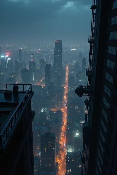 building rooftop with the city and the lights in the background, at night, the camera position is close to the edge of the building