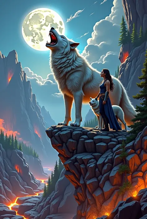 Ledge on the Rock Huge World Lava Below, Fenrir the Wolf Huge Stands Mane White Gray with Shimmers, A huge grin of teeth howls at the moon, A Girl in Armor Stands Nearby Stroking a Wolf, Painting Epic, Epic image, Very beautiful, Everything is very detaile...