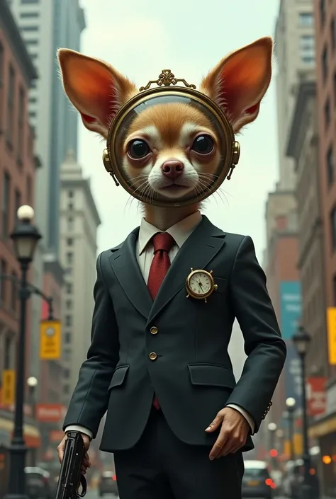 A Chihuahua dog body and in the head a tower clock standing around the buildings wearing a suit with a gun