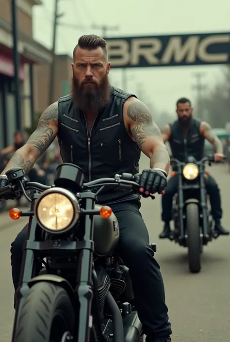 Video of a bobber motorcycle procession with riders dressed in black leather sleeveless vests, short hair well combed, Barba larga, tattooed, "finance" At a motorcycle headquarters that has the BRMC sign