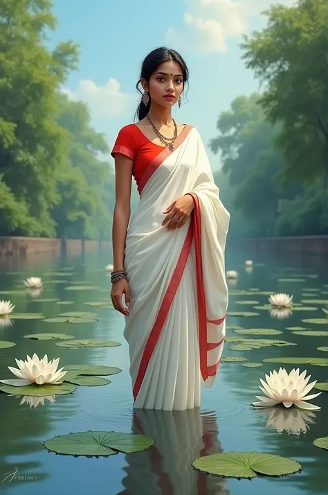 Bangali girl wearid white and red boder sharee , was Shapla on her hand in canal