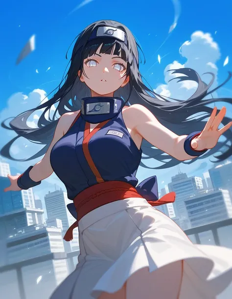  score_9_up,score_8_up, (hinata hyuga), naruto, 1girl, solo, white eyes, black hair, long hair, looking at viewer, big breast, (city), blue sky, (dynamic pose), hand, skirt, bare shoulders, bandana on the neck