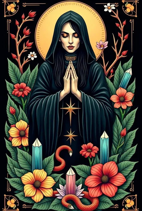 a traditional style tattoo, with the tarot theme with the high priestess card represented by a black elder,that includes crystals, stone, tropical flowers, herbs, stars and a coral snake