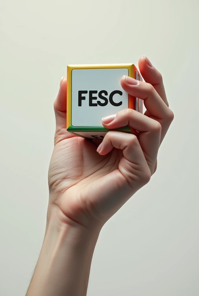 Give me a hand holding a rubic cube with the letters "FESC" in that order and only those 4 letters 