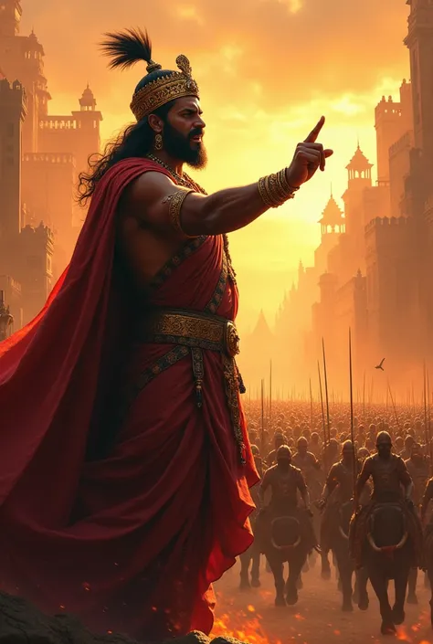 side angle view , super angry ancient indian king ordering by pointing finger to his massive army to attack on a ancient city of india, fire theme, angry king , chariots in army, elephants, thousands of soldiers 