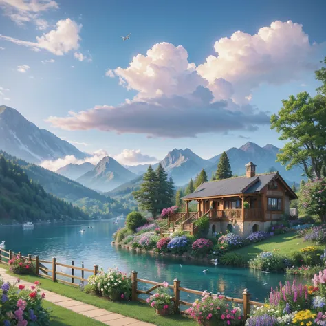 villa, Flowers by the fence, Roadside fence,  Mountain landscape with lake and boats, Birds flying in the blue sky, Illustration Matte Paint,  Thomas Kinkade (Thomas Kinkade) of inspiration, Symmetrical matte paint, Detailed scenery , Original style, 8K ul...