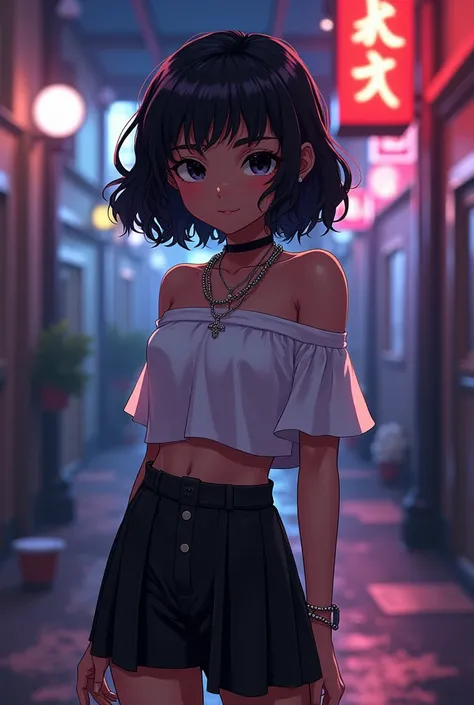 A thirteen years old girl, she is a black girl, with black hair and black eyes, she wears a off shoulder short and a short black skirt, anime style realistic wide shot 