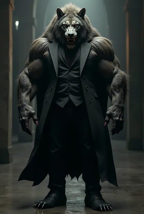 Muscular werewolf, fusion of lion, wearing black suit