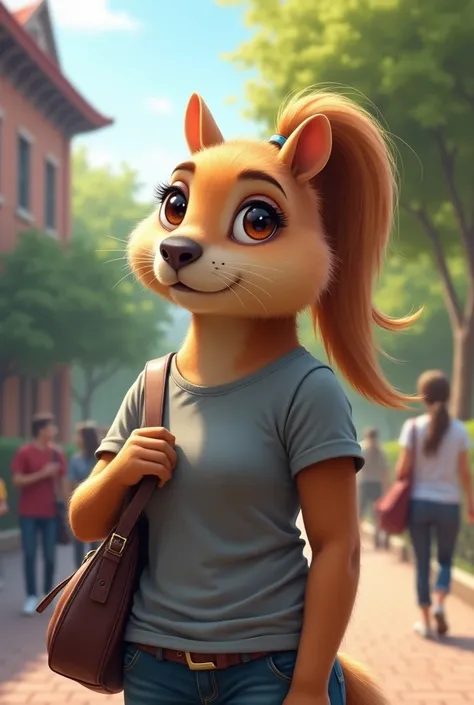 A female university CAPIBARA with a gray t-shirt, high ponytail and purse