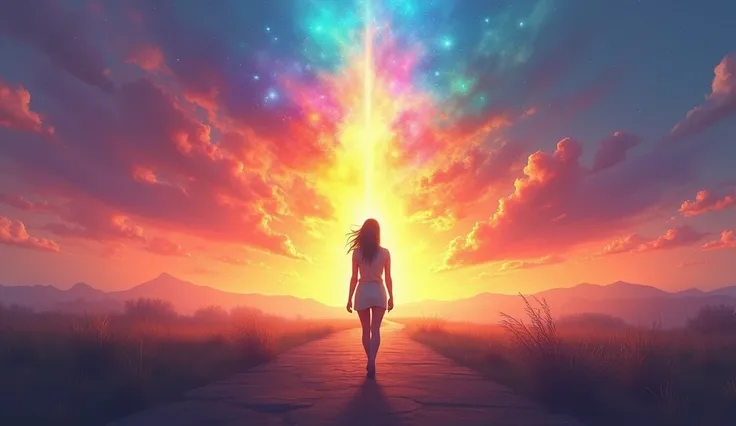 "A person walking toward a horizon of bright colors, with their aura reflecting the spiritual color palette, symbolizing the impact of colors on inner energy."
