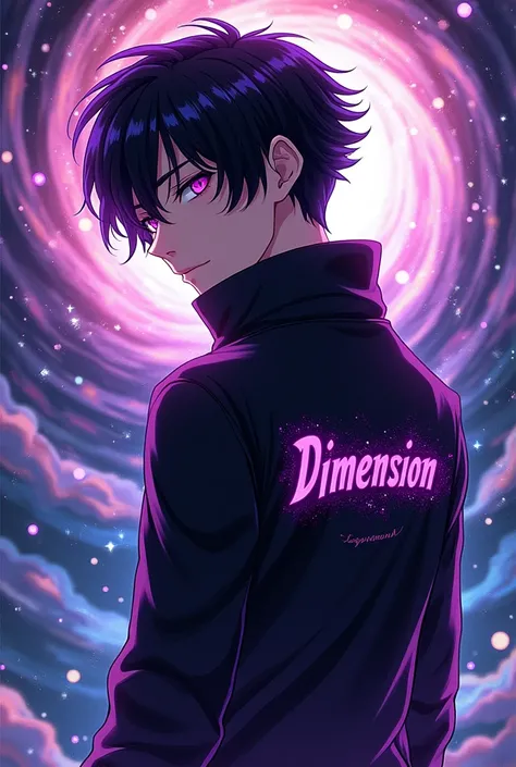 Cool Anime Guy With  Black and Purple Jacket  with Purple Eye,Black hair with purple highlights  , Galaxy theme behind ( Jacket Has Name Printed as Dimension )