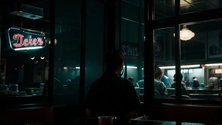 "The interior of Joes Diner at dusk, with a weary-looking waitress cleaning the counter, while in the reflections of the windows, shadowy, otherworldly shapes seem to move independently."