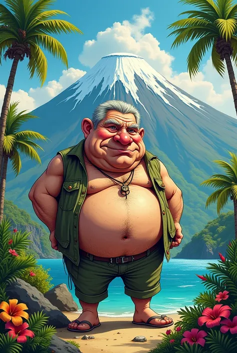 Create a colorful drawing of an ugly, slightly fat old man on an island with a volcano 