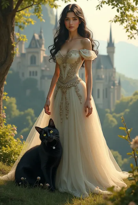 a very beautiful princess with her black cat in a kingdom with a castle
