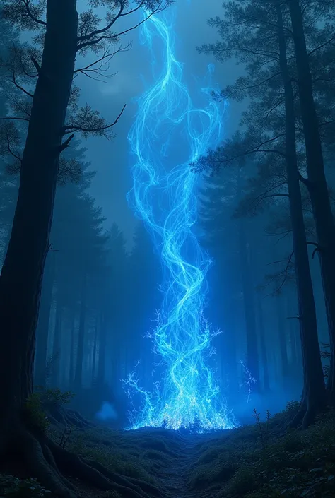 A forest losing itself on fire with blue flames
