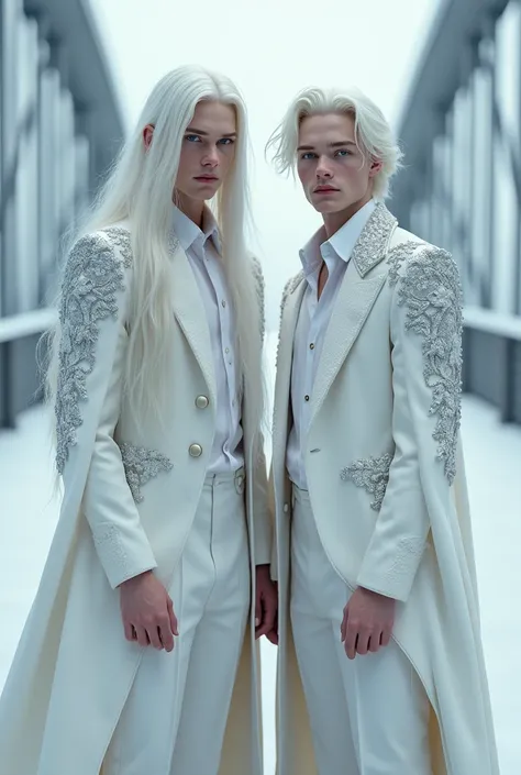 Two guys, 20 years, thin, white long hair, dripping down the shoulders, bright blue eyes, pale skin, modern white outfit consisting of a shirt and a coat with wide sleeves, with silver patterns, stands on the bridge in winter, full-length, high quality, Hi...