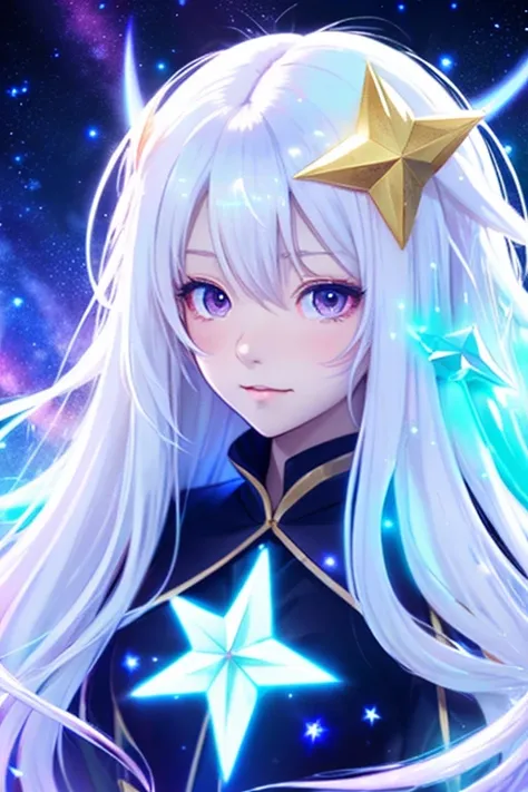 anime girl with long white hair and a star in her hair, white haired deity, anime girl with cosmic hair, star(sky) starry_sky, anime visual of a cute girl, splash art anime , white glowing aura, girl with white hair, ethereal anime, akasuki voidstar, celes...