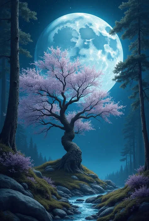 Crystal  moon with pearl tree in a fancy forest