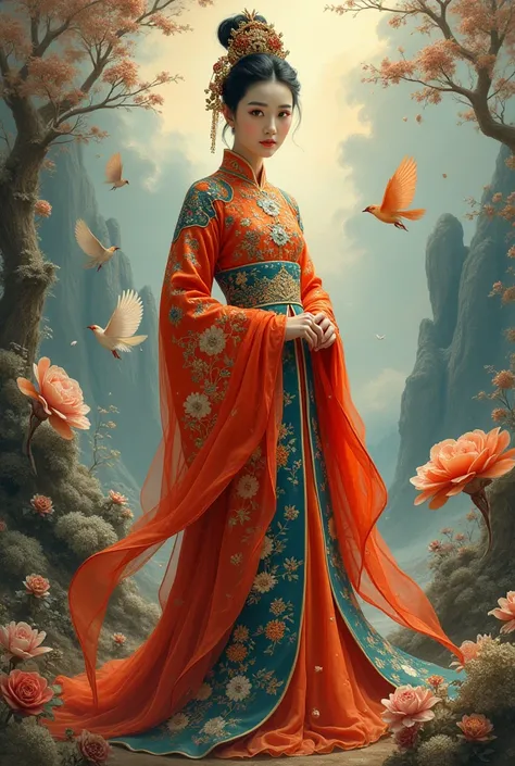 China elegant traditional costume with lots of color, surrealist with meaning portrait 
