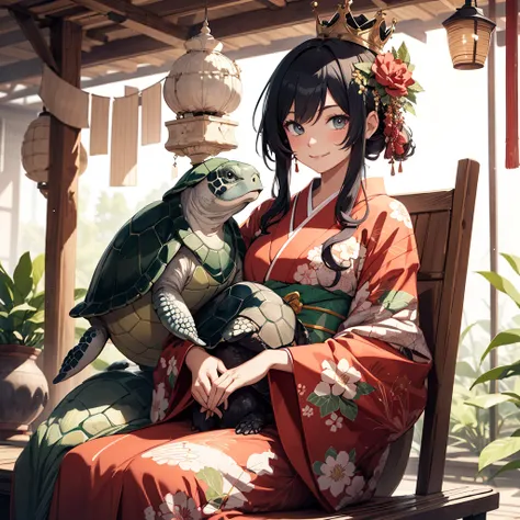 Girl holding a turtle,Turtle on his lap，A big turtle sits beside him,Colorful Hair,kimono，crown,Lots of decorations，Looking into the camera，smile,lady