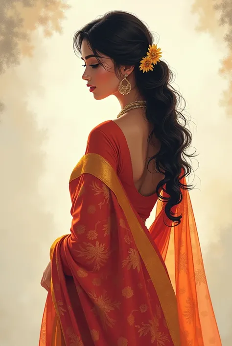 A south indian girl wearing  saree and  gajra with back pose illustration