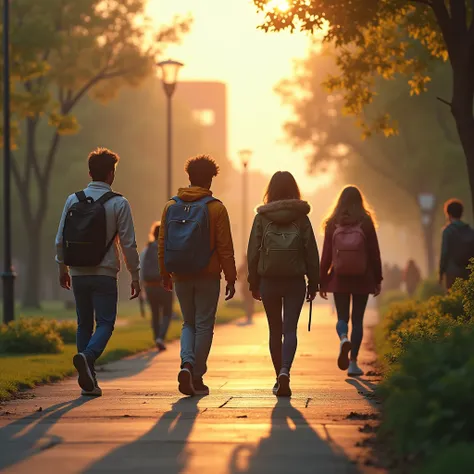 In the morning on campus, students carry backpacks and fresh stories from their holidays as they enter the classroom. The colors are mainly blended with the green of the campus and the colorful clothing of the students. The light and shadow are mainly the ...