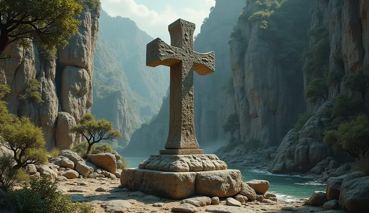 Antique rough stone cross with rounded edges, attached at the base to a large rock.