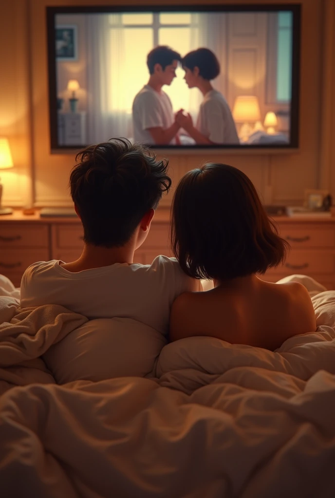 um casal, tall white man and short black woman with short hair, watching dramas lying together in bed 