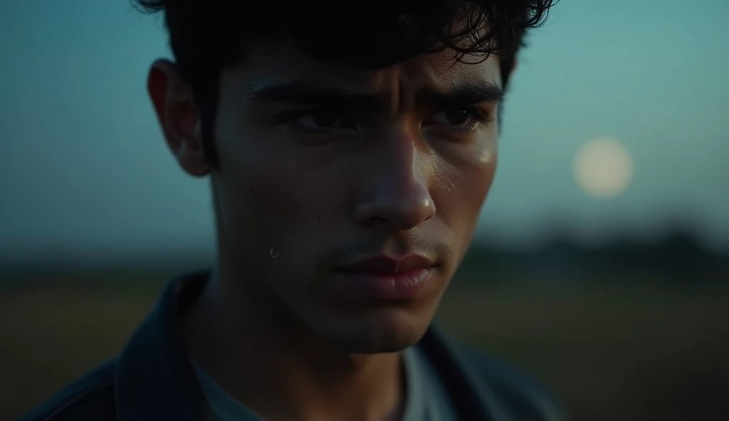 Close-up shot of Reza Rahardian&#39;s tears (20 year old man) dripping. He stood alone in the middle of the field. The atmosphere at night under the moonlight. masterpiece, realistic, Ultra HD, ultra high resolution, 8K, cinematic, upscale.