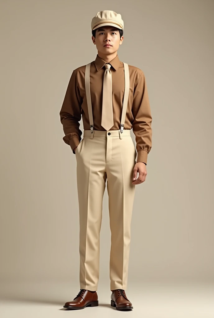  Filipino 55 height wearing Brown long sleeves, light beige pants, light beige suspenders, light beige 7cm*34cm necktie,light beige vintage flat cap
Full body