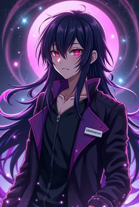 Cool Anime Guy With  Black and Purple Jacket  with Red Eye, Long Black hair with purple highlights  , Zodiac Galaxy theme behind ( Jacket Has Name Tag as Dimension )