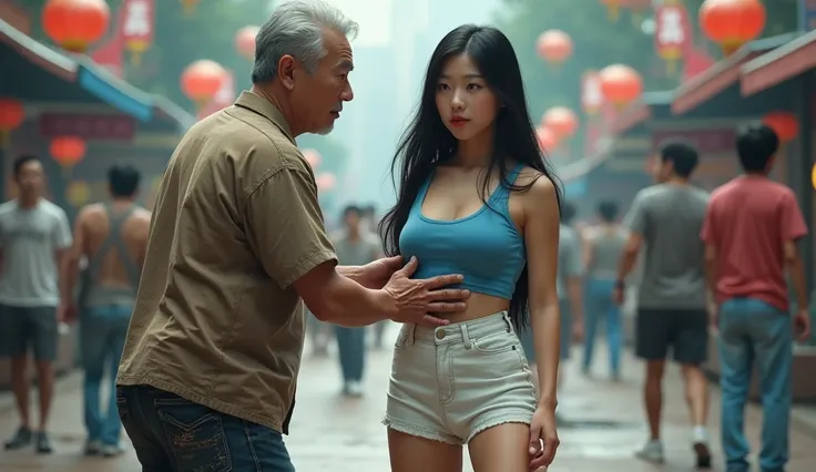 Realistic picture : 1 Chinese woman,20 years old, Blue eyes,Very big breasts, Plump figure,Long straight black hair,Wearing a blue crop top,White mini skirt,Standing in the middle of the city, China,The surrounding area is a playground.,1 old man ,Standing...