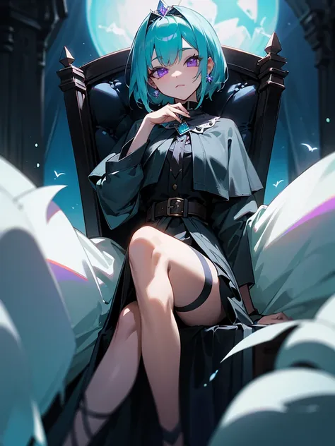 Aqua hair、female、vampire、Purple Eyes、Diamond decoration、Diamond earrings、Short black cloak、A belt that surrounds the body、skirt、Tights up to the knee、、Eye injury、Short Hair、Glass、Inside the castle、Shining Moon、cute、Sit on a chair、Crossing your legs、Young l...