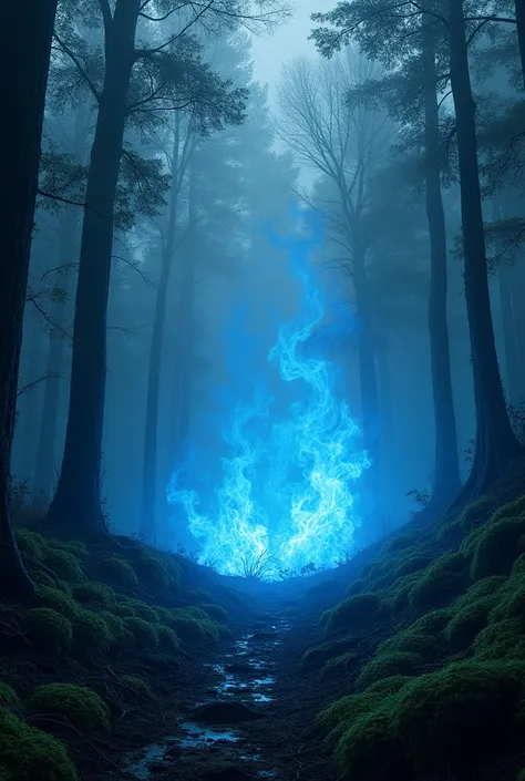 Forest losing fire with blue flames