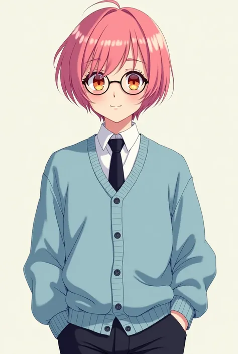 anime boy with pink bowl cut, glasses and orange eyes, wearing a light blue cardigan, a black tie and black pants