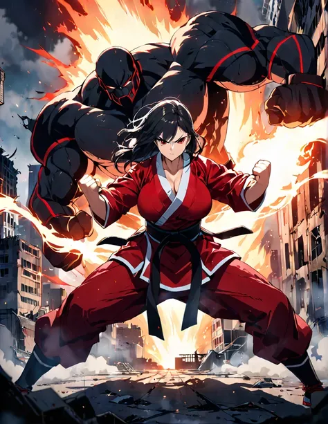 Illustration, Anime, giant woman, large glowing engine in lower abdomen, closed fists, fighting stance, dilapidated city, steam jetting out of body, martial arts gi, black belt with red stripe, cinematic lighting