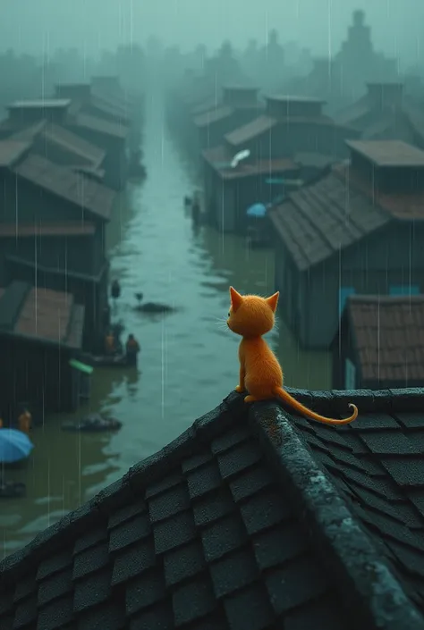 "A small village during heavy rain, with overflowing river and flooded streets. On top of a high roof, a small orange kitten named Mimi looks sad and lost. She is alone, calling for her mother in vain. The background shows remnants of the flood with submer...